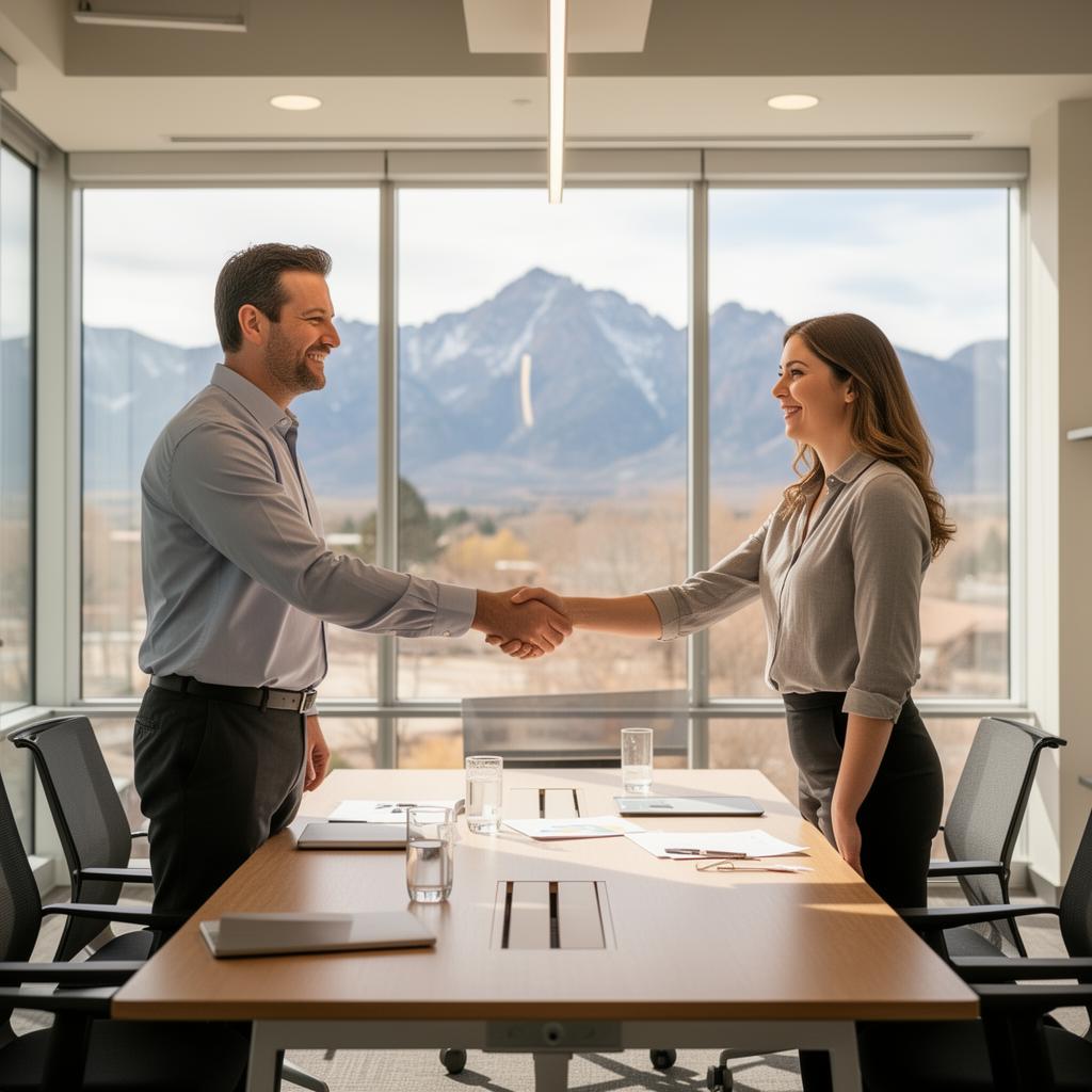 Professionals shaking hands in meeting room with Colorado mountain view